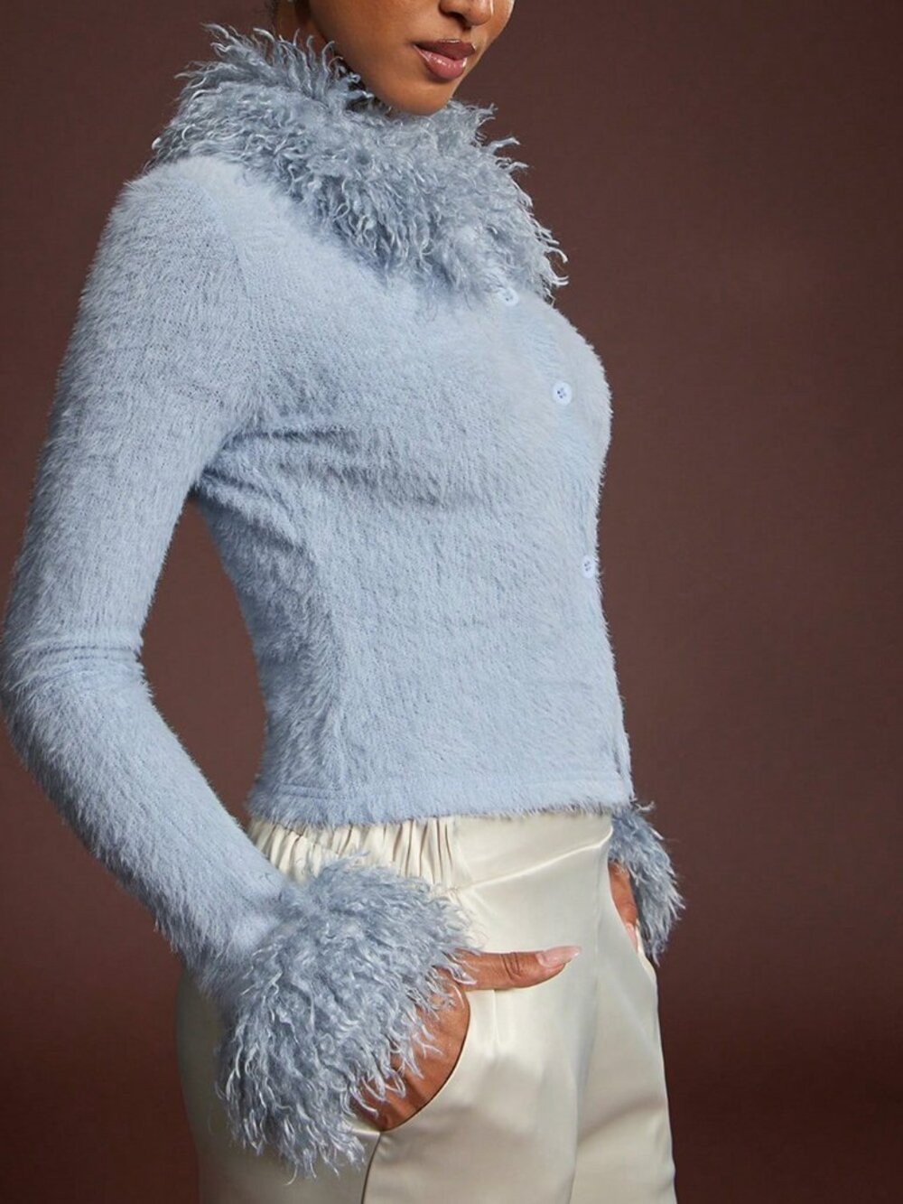 Blue Casual Women's Fitted With faux Fur Collar Knitted Cardigan - Picture 5 of 6